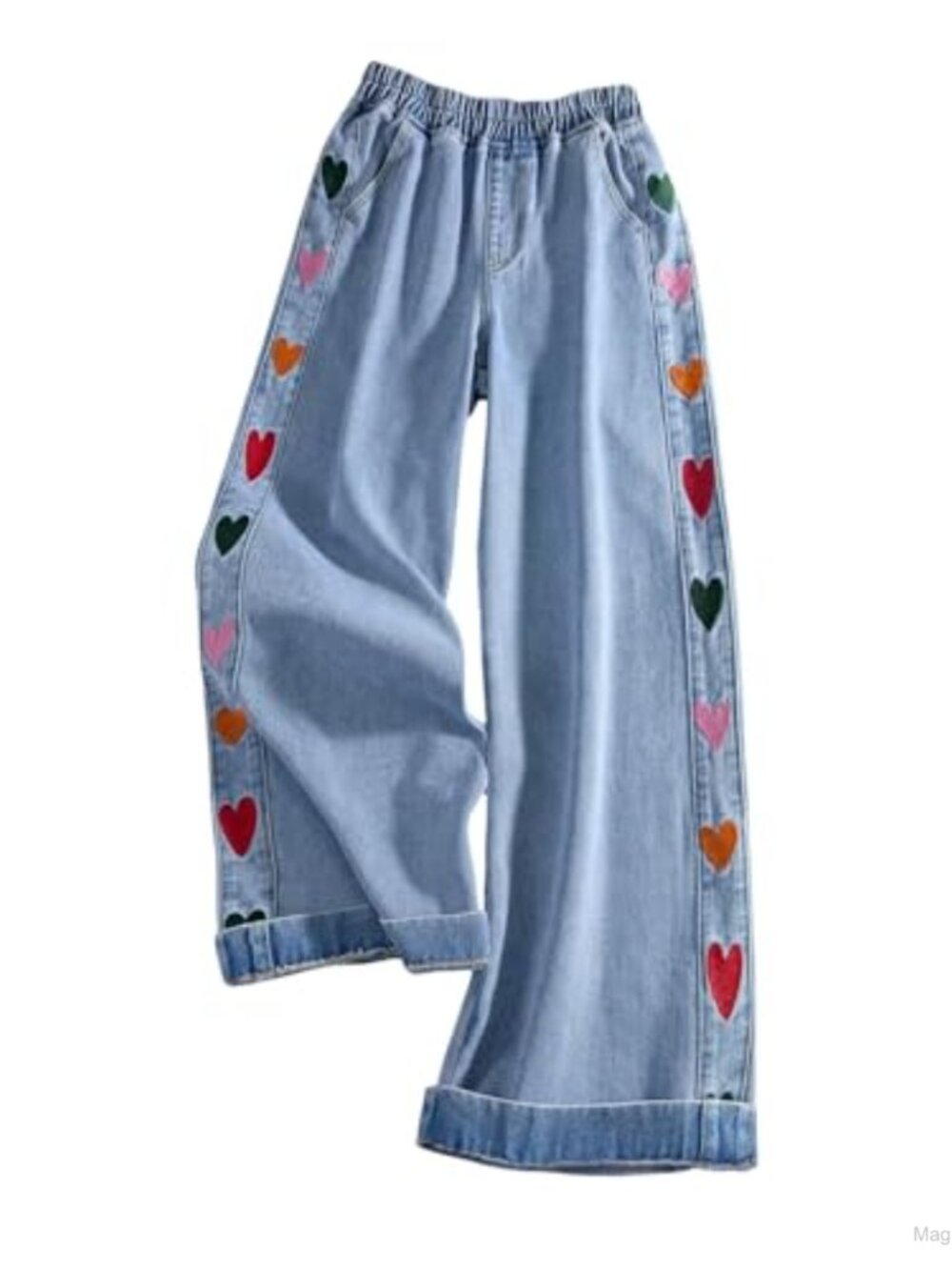 Wide Leg Baggy Jeans with Heart Embroidery and Pockets